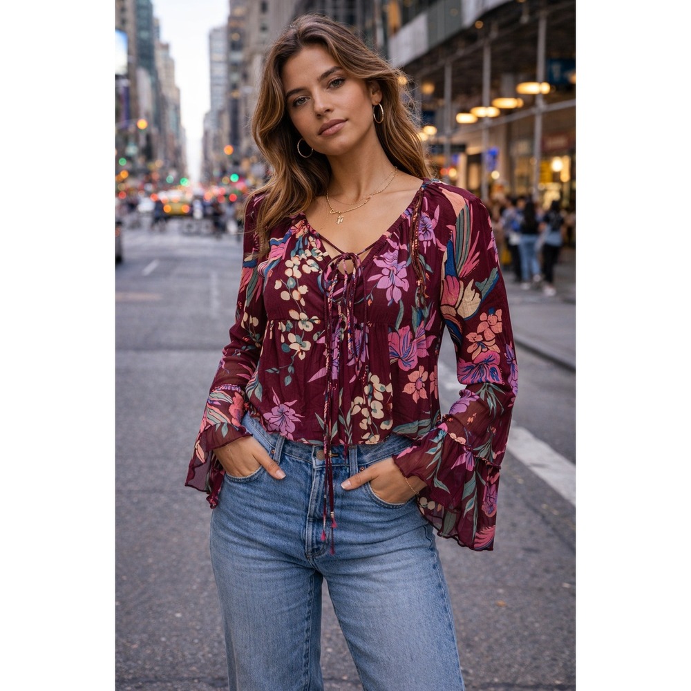 Free People Print of Paradise Floral Tie Front Boho Crop Top Women's S